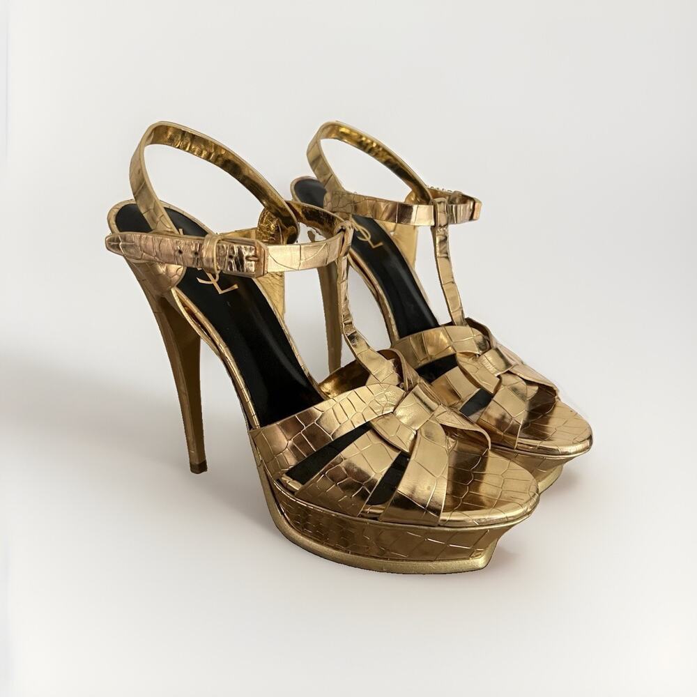 Yves Saint Laurent Ysl Gold Croc Embossed Tribute Platform Sandals Heels 41 150m